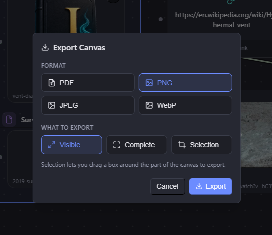The export dialog, offering PDF, PNG, JPEG and WebP alongside Visible, Complete and Selection scopes.
