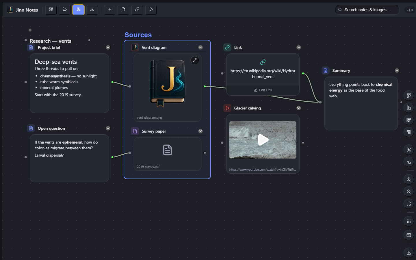 A Jinn Notes board: notes, an image, a PDF, a link and a video, connected by wires and grouped into a box labelled Sources.
